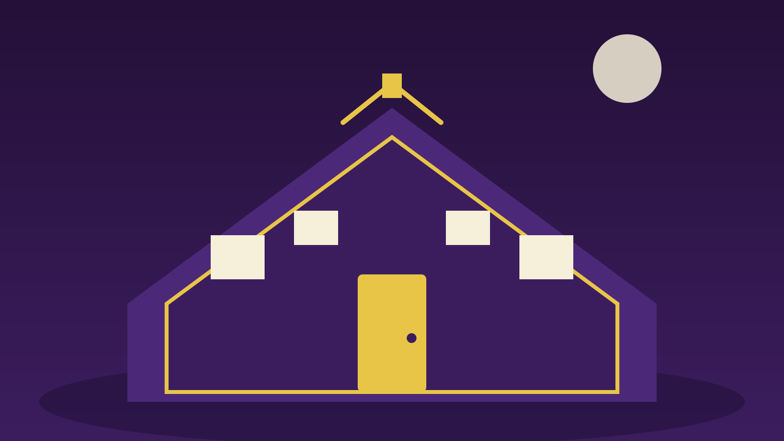 Velvet cartoon mansion with a gold door held open at dusk